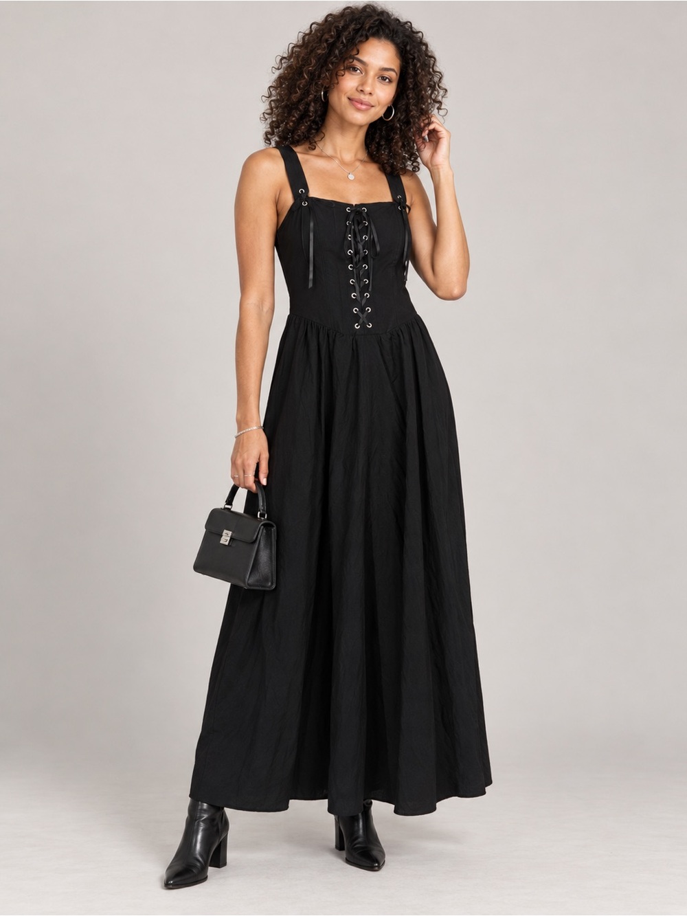 Scarlet Darkness Black Gothic Corset Midi Dress Boho Witchy Alt Festival Size M